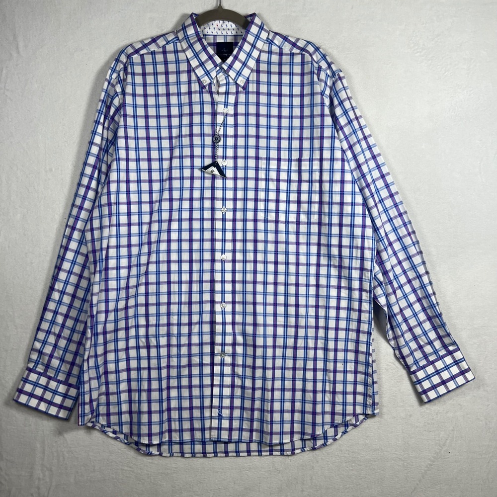 NWTs Tailorbyrd Mens XL Plaid Button Down Shirt Blue‎ Purple White 100% Cotton